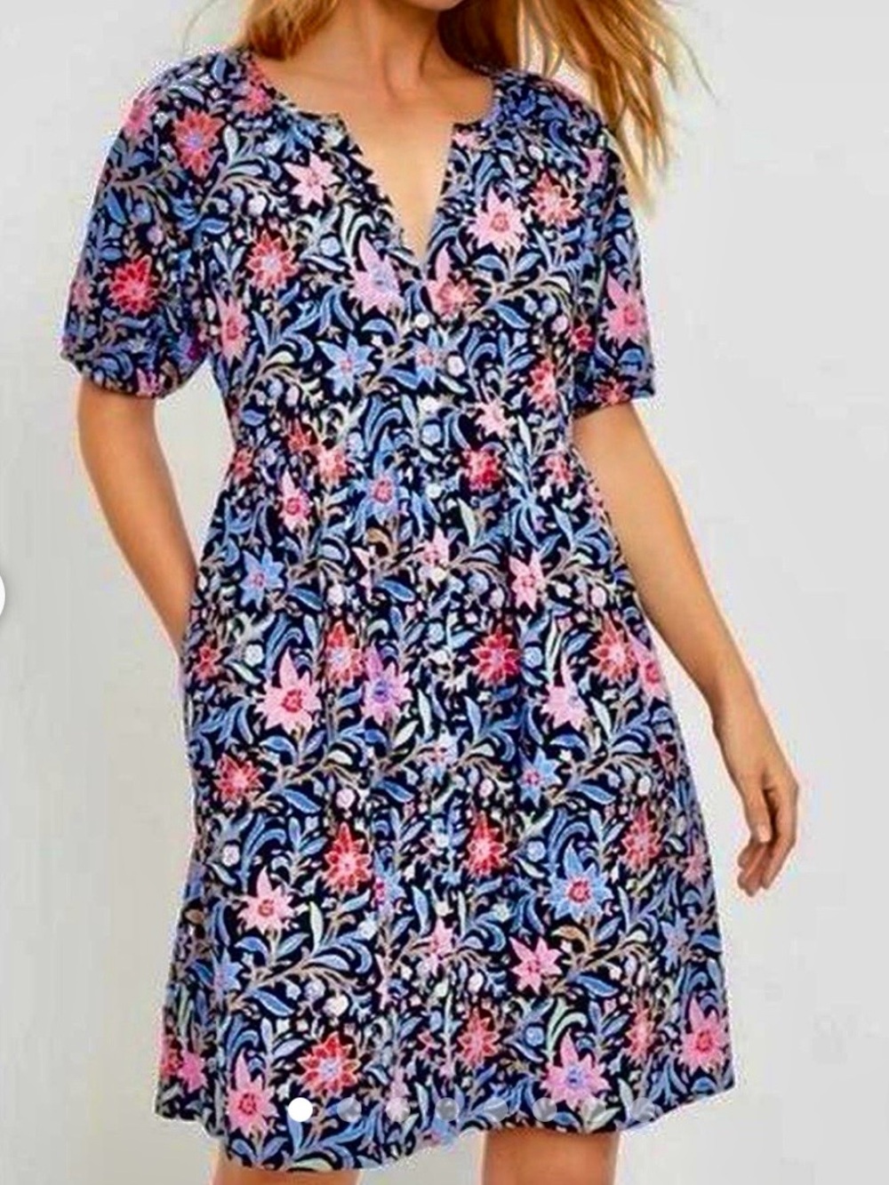 LOFT Navy Dress with Pockets Pink and Red Floral Print